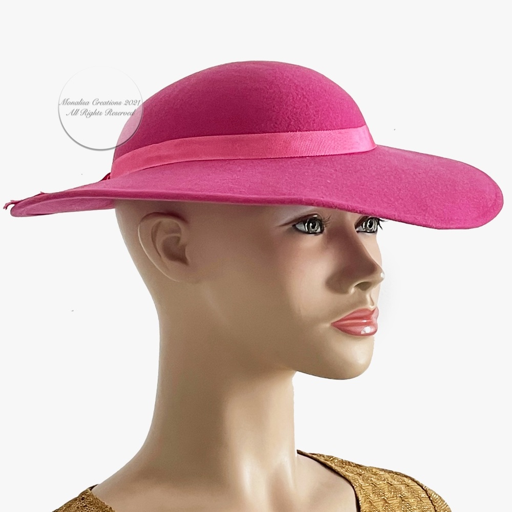 Bollman Wide Brim Hat Cartwheel Hat Doeskin Felt Wool Pink Fuchsia Vintage